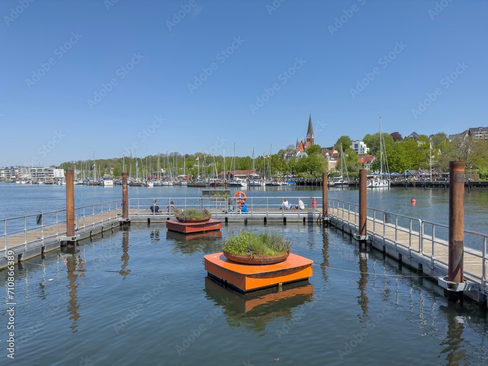 Along the street in Flensburg harbor with old boats, Flensburg, Germany