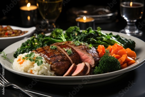 Gourmet picanha surrounded by refined side dishes and special sauces., generative IA