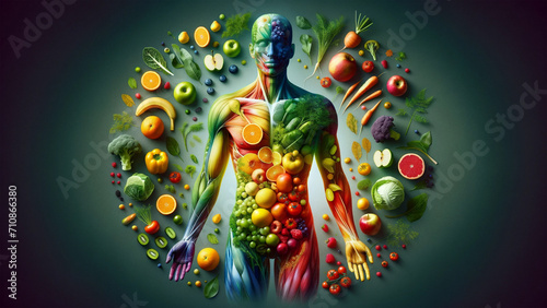 Vibrant anatomical illustration with fruits and vegetables as human organs, detailed edible anatomy artwork, health and nutrition concept photo