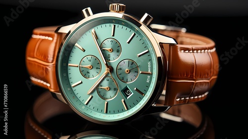 Classic chronograph watch with a brown leather band laid out on a mint green backdrop