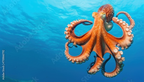 Octopus gracefully dives in the deep blue ocean exploring its vibrant underwater world, underwater marine life image