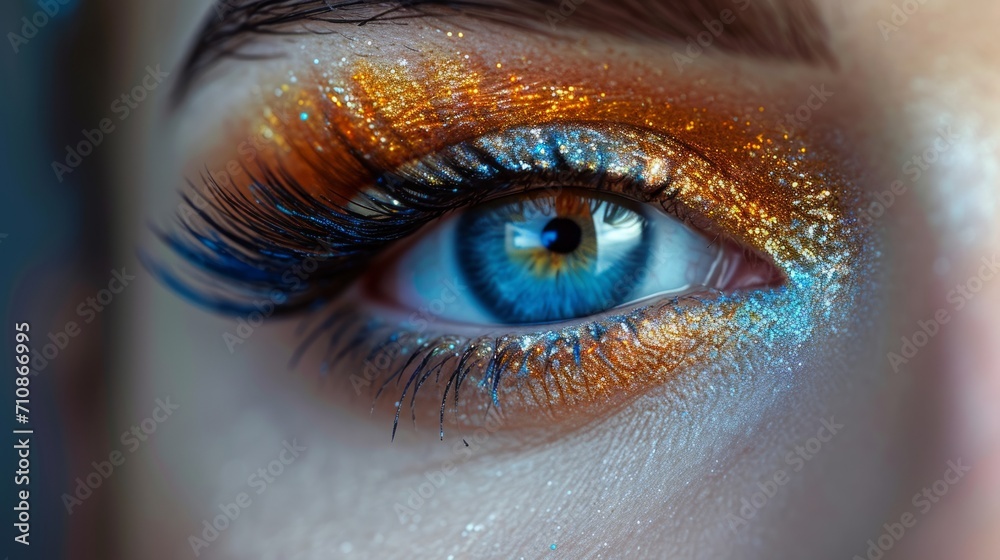 Woman eye make up with blue eyes and blue orange makeup - obrazy, fototapety, plakaty 