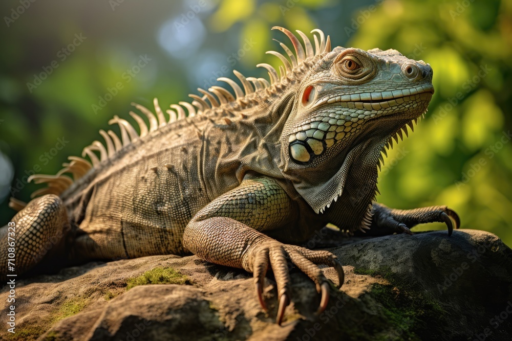 A sizable reptile relaxes atop a sturdy stone in its natural surroundings, An iguana basking in the sun on a rocky terrain, AI Generated A sizable reptile relaxes atop a sturdy stone in its natural surroundings, An iguana basking in the sun on a rocky terrain, AI Generated