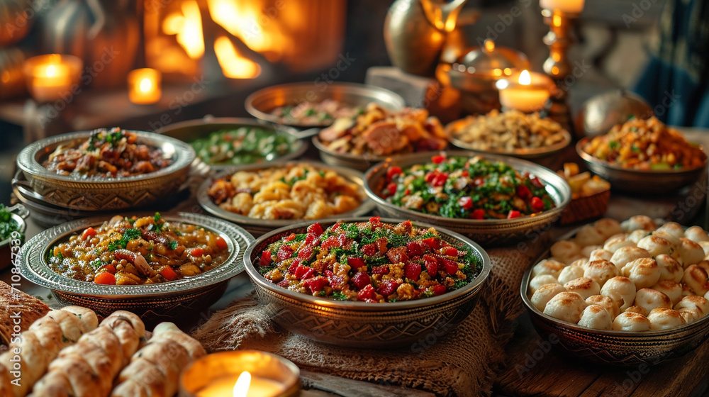 A captivating image of a traditional Ramadan iftar table, adorned with a rich variety of delicious Middle Eastern dishes, beautifully arranged in the warm glow of candlelight, evok