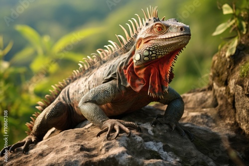 A large lizard calmly rests on top of a sturdy rock, exhibiting its imposing presence in the wild, An iguana basking in the sun on a rocky terrain, AI Generated