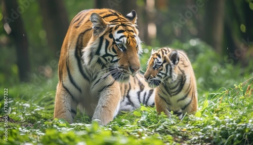 Russian tiger and cub in green forest grass bonding and exploring the wild together  baby animals picture