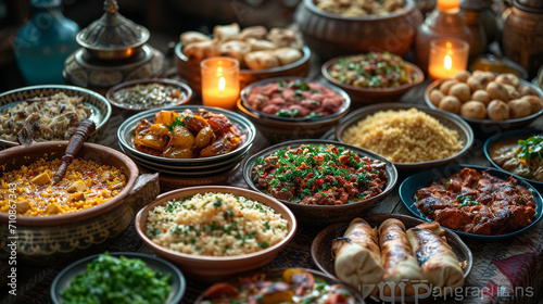 A captivating image of a traditional Ramadan iftar table  adorned with a rich variety of delicious Middle Eastern dishes  beautifully arranged in the warm glow of candlelight  evok