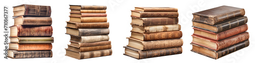 Folded old books isolated on transparent background. Old paper  old stories. Side view. Folded closed old books as a design element for insertion into a design or project.