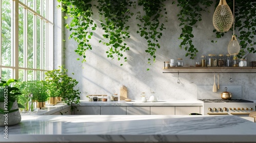 Lush greenery spills from hanging baskets, cascading over a mid-century modern kitchen with marble countertops and brass accents