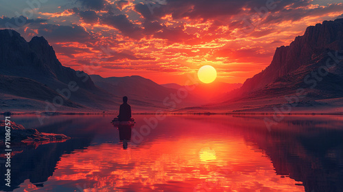 A picturesque desert landscape at sunset, with a solitary person breaking their fast against the backdrop of a tranquil oasis, the warm colors of the sky and the peaceful surroundi photo