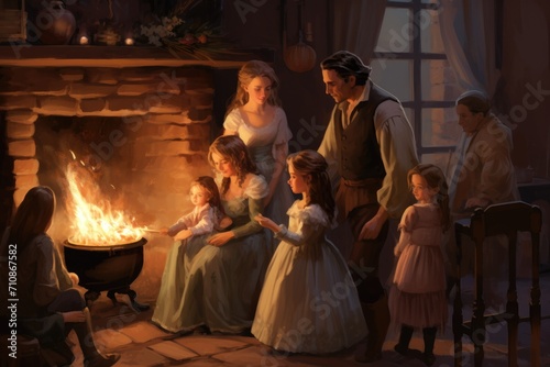 A diverse group of individuals standing and socializing around a warm and inviting fireplace, An illustration of a family gathering around a fireplace, AI Generated