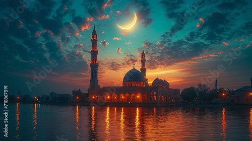 A visually stunning image of a crescent moon shining brightly over a mosque's dome, symbolizing the beginning of the lunar month of Ramadan and heralding a period of reflection, pr photo