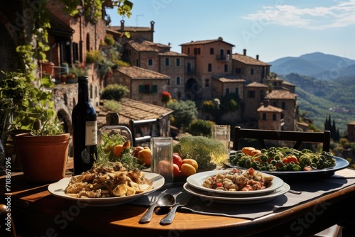 Italian scene: Cyclists enjoy typical dishes in Vila Pitoresca., generative IA