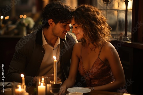 Romantic couple enjoys meal to candlelight in Italian restaurant., generative IA