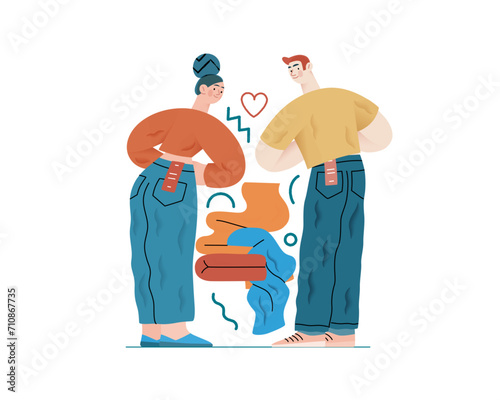 Valentine: Perfect Fit - modern flat vector concept illustration of a couple trying on jeans in a fitting room. Metaphor for finding the right match in love as in life