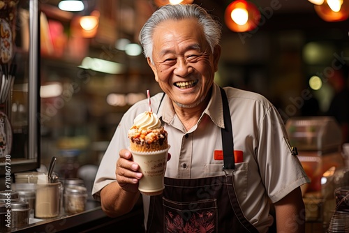 Elderly revives youth in the childhood ice cream shop., generative IA photo