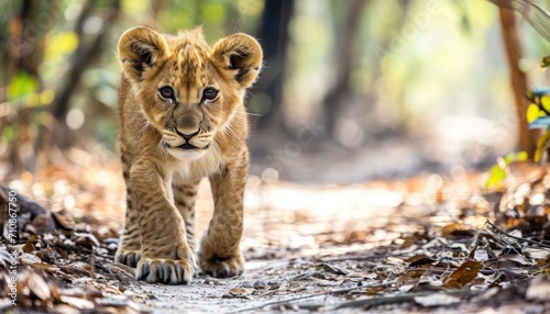 Cute baby lion confidently strolls through the lush forest, baby animals picture © Ingenious Buddy 
