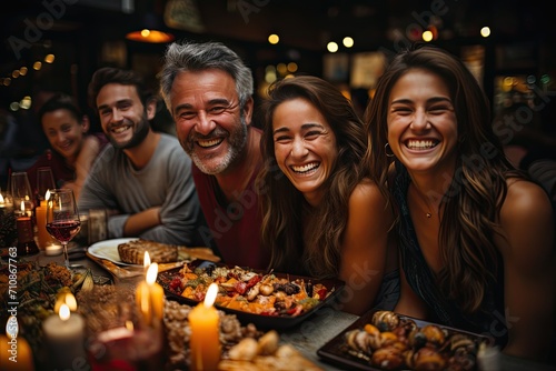 Festive family celebrates with Italian banquets at a welcoming table.  generative IA