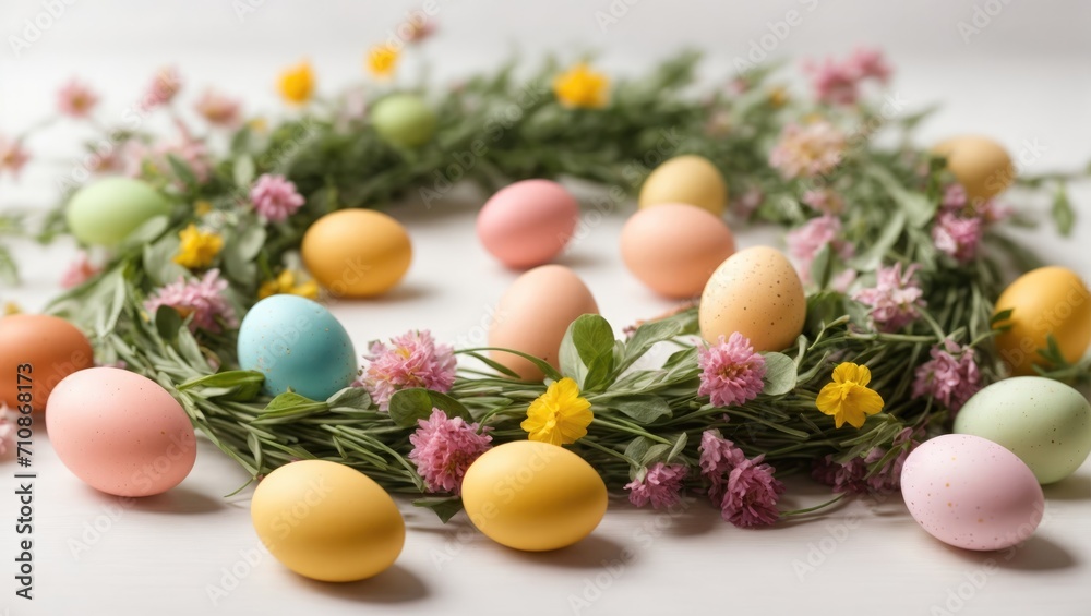 Colorful easter eggs and flowers, Easter wreath