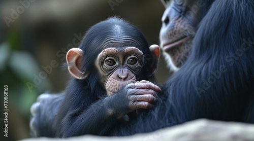 Cute chimpanzee baby playing with its mother in a jungle, baby animals picture