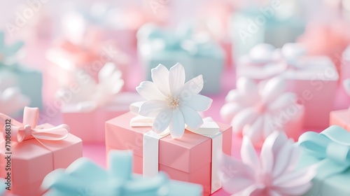 Delicate Pink Gift Boxes with White Flowers, Soft and Romantic Composition, greeting card, Celebrations and Events, copyspace, Mothers Day, Valentines Day, spring sales. photo