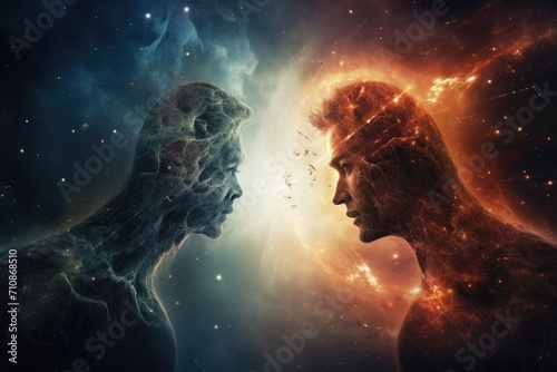 A captivating image where a man and a woman meet face to face amidst the vastness of outer space, An interstellar conversation between two galaxies, AI Generated