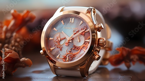 Exquisite gold-plated watch with a white face capturing reflections on a soft salmon pastel base