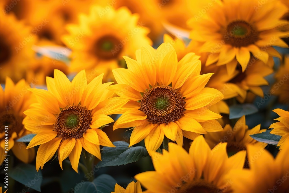 A vibrant field filled with a large group of yellow sunflowers, An intimate close up view of a vibrant sunflower field, AI Generated A vibrant field filled with a large group of yellow sunflowers, An intimate close up view of a vibrant sunflower field, AI Generated