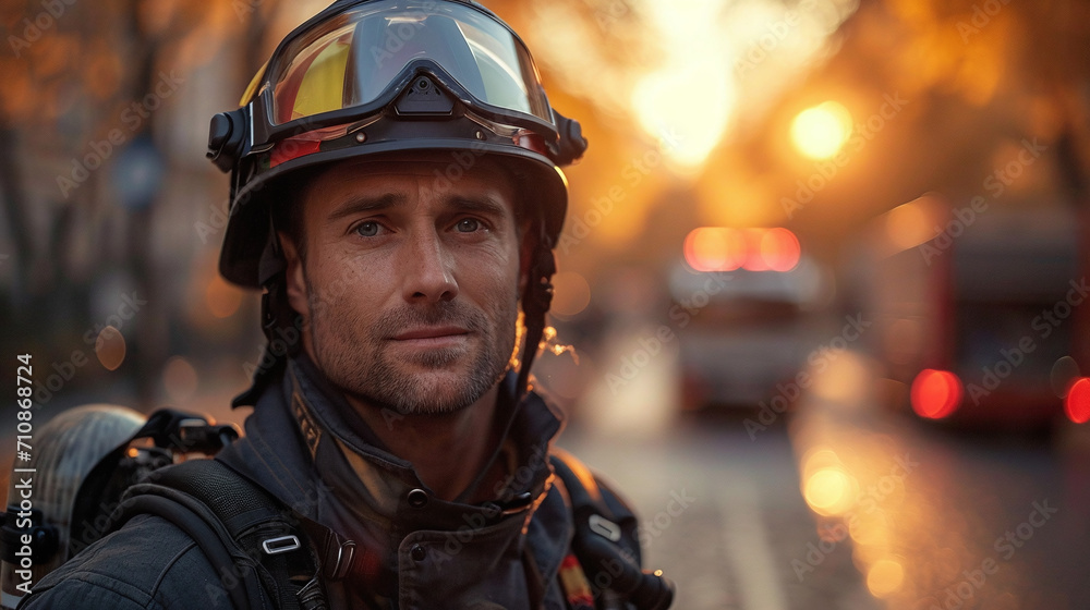 A firefighter in uniform stands against the background of a fire truck A firefighter in uniform stands against the background of a fire truck