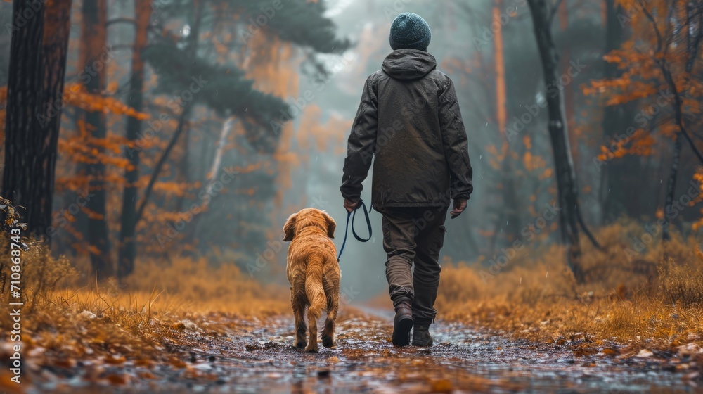 Human walking with a dog in a forest, Dog walking Human walking with a dog in a forest, Dog walking