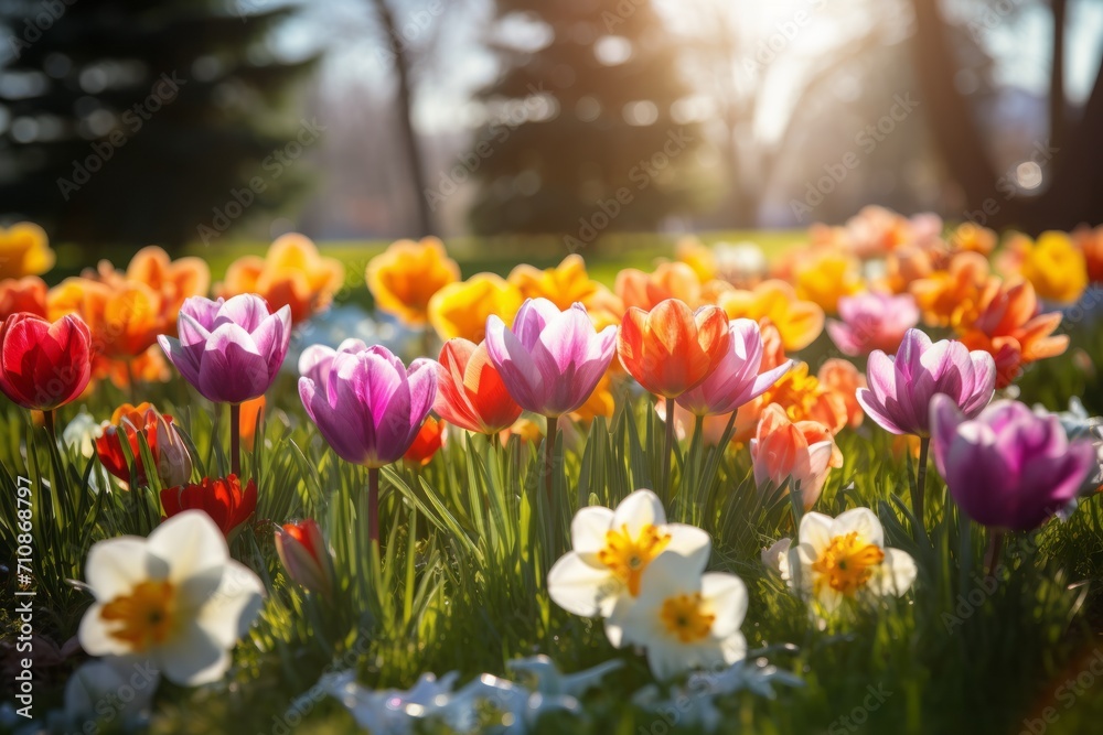 Spring Flowers in Full Bloom at the City Park, wallpaper background close up