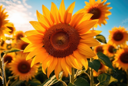A breathtaking field of golden sunflowers stands tall and proud against a vivid blue sky, An intimate close up view of a vibrant sunflower field, AI Generated