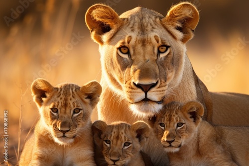 A captivating image showing a group of majestic lions calmly resting together in close proximity, An intimate portrait of a lioness and her cubs, AI Generated