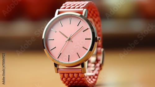 Fashionable rose gold watch with a mesh bracelet displayed on a light orange pastel base