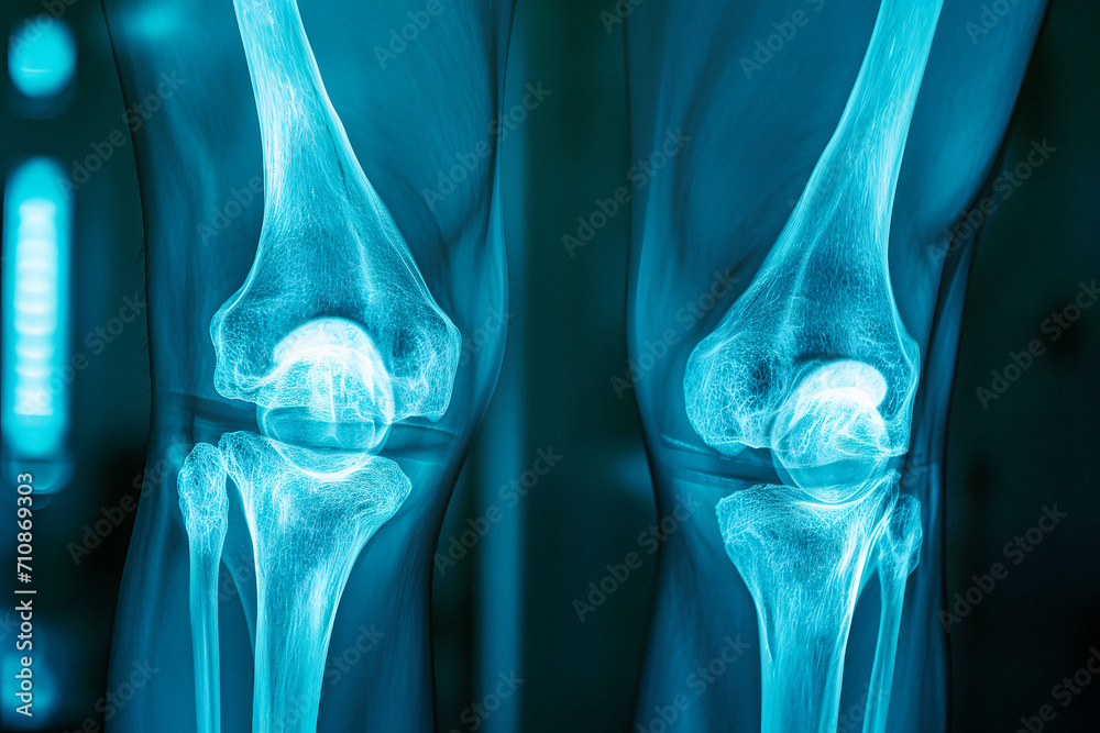© Polina Zait - X-ray Of Two Knees Radiography Illustration Closeup, Osteoarthritis Knee. Film Shot Of Both Knee Front View, Scan Of Painful Knee Meniscus Injury Leg In Traumatology Hospital Clinic