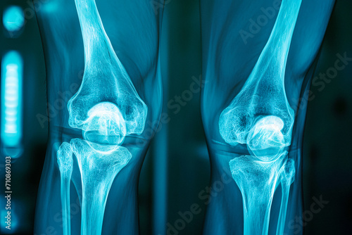 X-ray Of Two Knees Radiography Illustration Closeup, Osteoarthritis Knee. Film Shot Of Both Knee Front View, Scan Of Painful Knee Meniscus Injury Leg In Traumatology Hospital Clinic © Polina Zait
