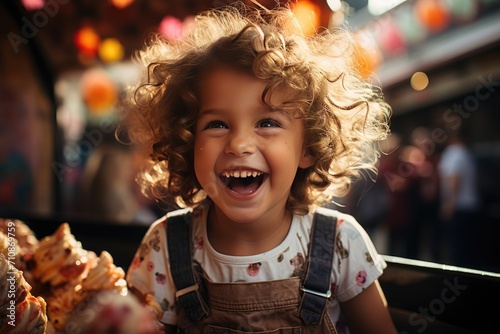 Child and giant ice cream in amusement park., generative IA