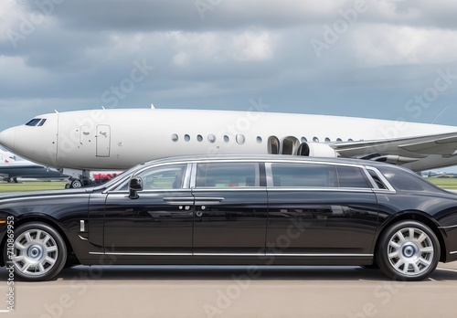London, UK-7 MAY, 2021: Private executive airplane with limousine Rolls Royce Phantom luxury car shown together at international Heathrow Airport. VIP service at the airport. Business-class transfer. 