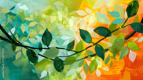 Abstract colorful painting of light yellow and dark green leaves. Floral pattern wallpaper, leaf patterns, flowing fabrics, tropical landscapes. © jex