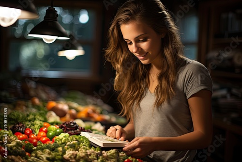 Focused student prepares salad while studying at night., generative IA