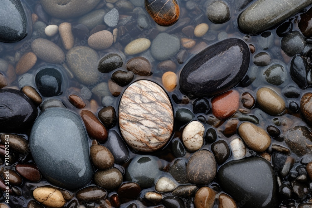 An image showcasing rocks and pebbles lying submerged in a crystal-clear body of water, An oily and smooth texture of a pebble on the seashore, AI Generated An image showcasing rocks and pebbles lying submerged in a crystal-clear body of water, An oily and smooth texture of a pebble on the seashore, AI Generated