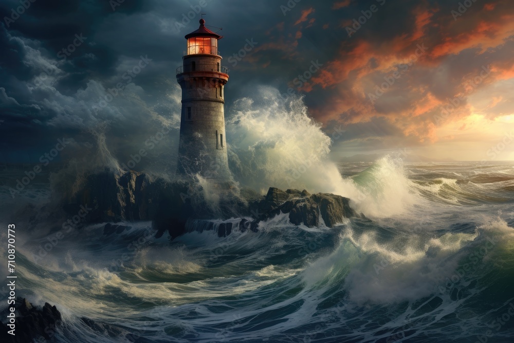 A powerful painting capturing the resilience of a lighthouse amidst raging waves in a stormy sea, An old lighthouse overlooking a stormy sea, AI Generated