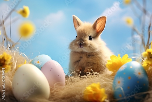 A little bunny is waiting by the Easter eggs for someone to find him. 