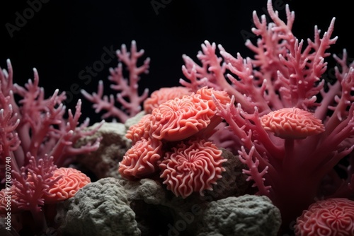 Art-like coral garden with unique shapes and textures surrounded by a black background