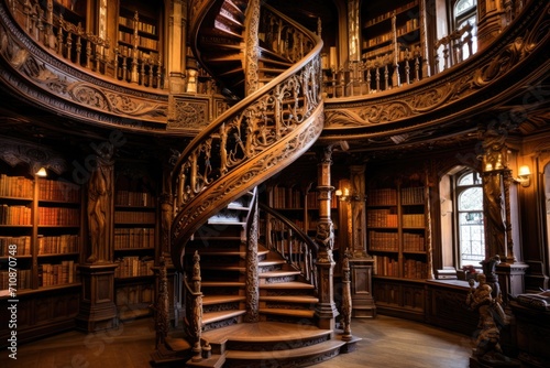 A stunning spiral staircase surrounded by bookshelves in a well-stocked library, An old library with wooden bookshelves and a spiral staircase, AI Generated
