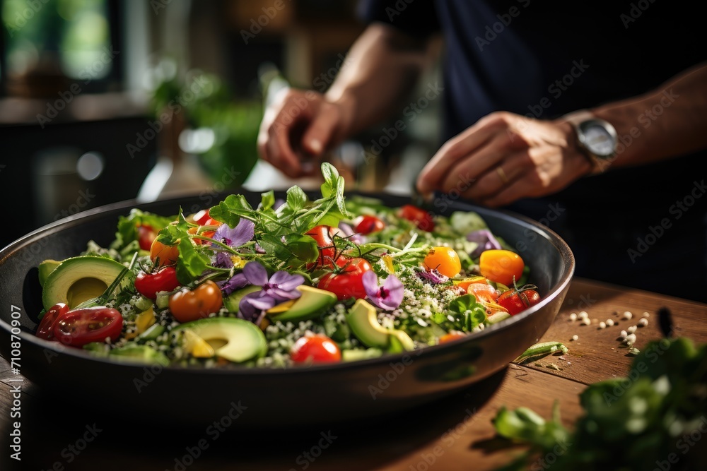 Professional assembles colorful bowl of quinoa, vegetables and avocado at home., generative IA Professional assembles colorful bowl of quinoa, vegetables and avocado at home., generative IA