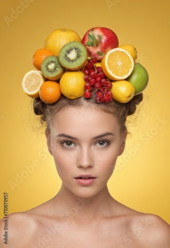 the girl with fruit on hair is shown in a composite image,, isolated on green and yellow background 