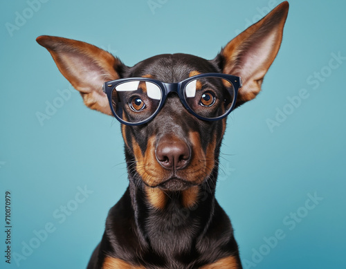 A cute Doberman dog with big ears is wearing glasses, looking at the viewer, isolated on a blue background.