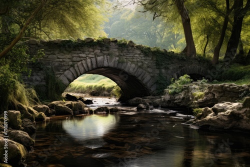 A picturesque painting capturing the tranquility of a stone bridge gracefully spanning over a gentle stream, An old stone bridge over a quiet stream, AI Generated