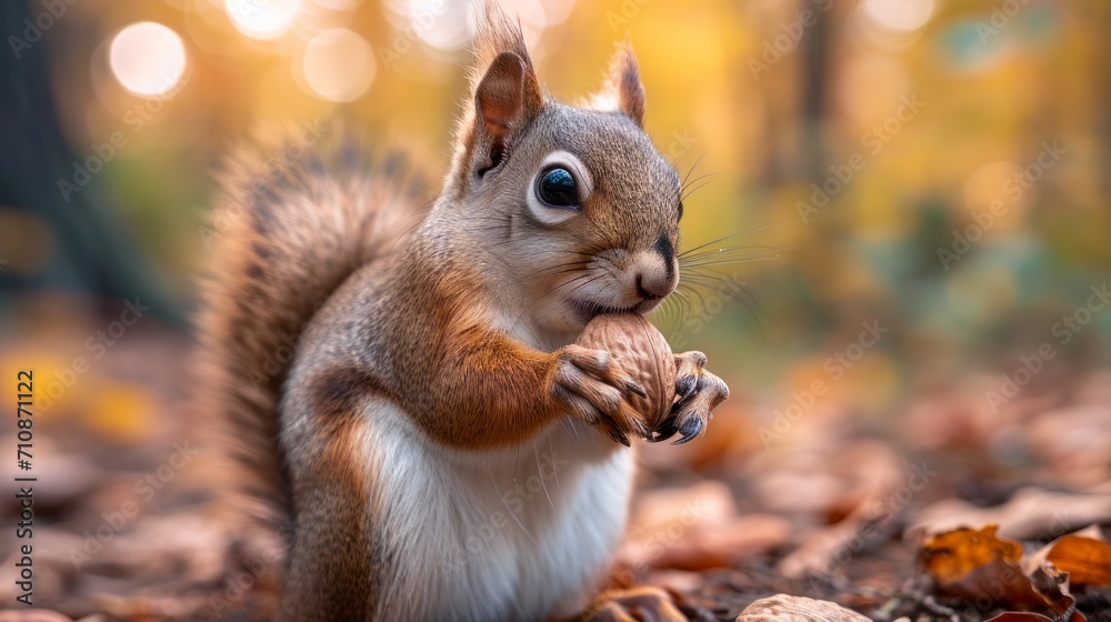 Fototapeta premium Squirrel eating a walnut in a forest, cute squirrel